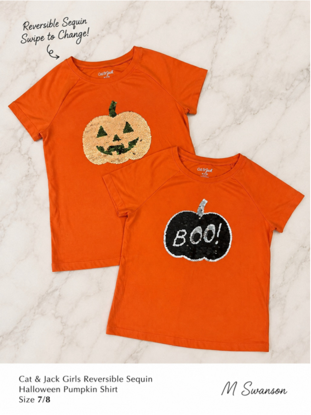 Cat & Jack Girls 7/8 Orange Reversible Sequin Halloween Pumpkin Shirt